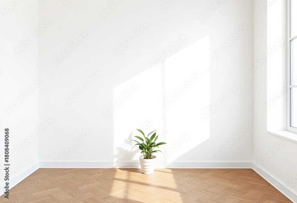 Fototapeta premium Minimalist white wall interior, small potted plant adds subtle life, greenery, bright
