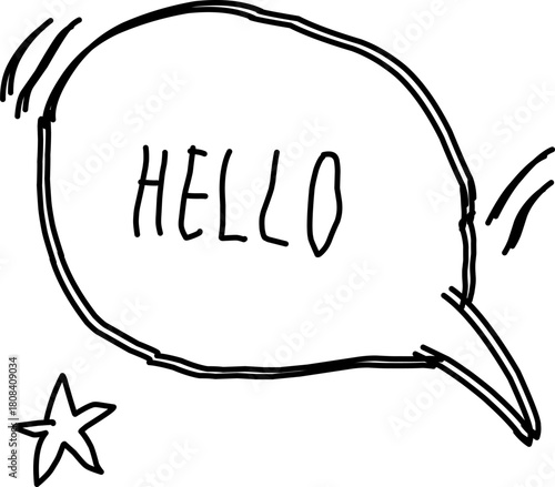 Hand-drawn speech bubble with the word “HELLO” in playful black and white doodle style. Perfect for comics, greeting cards, stickers, social media posts, and creative designs.
