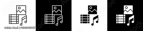 Media icon set in line and glyph style on black and white background