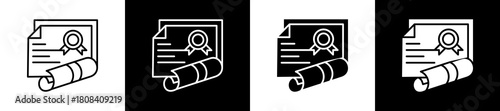 Certification icon set in line and glyph style on black and white background