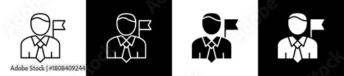 Leadership icon set in line and glyph style on black and white background