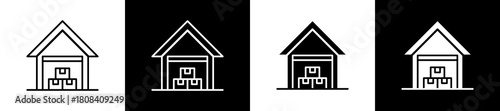 Warehouse icon set in line and glyph style on black and white background
