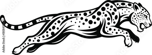 Running cheetah or leopard vector illustration, black and white tribal tattoo style, aggressive wild big cat silhouette isolated on white background.