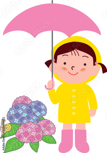 傘をさすレインコートの女の子と紫陽花
