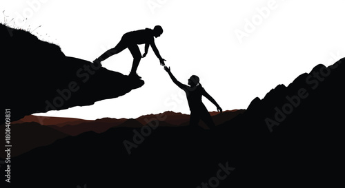 Silhouette of hiker reaching hand to help partner climb up mountain cliff, teamwork and leadership business concept, nature background, vector illustration.