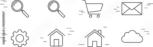 Fast web icon set, illustrating speed with motion lines for search, cart, email, home, settings, and cloud, vector line art UI elements.