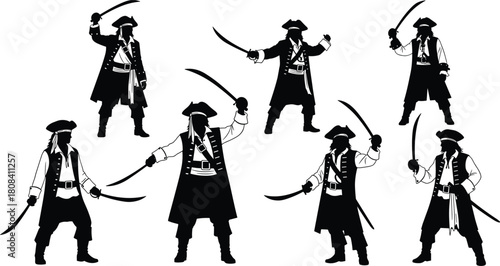 Pirate silhouettes set, a vector illustration collection of buccaneers, corsair figures with swords, isolated fighting stances, Caribbean character icons.
