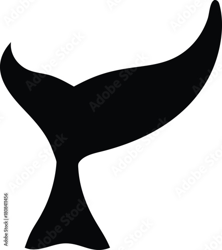 A simple black silhouette of a whale tail fin in a white