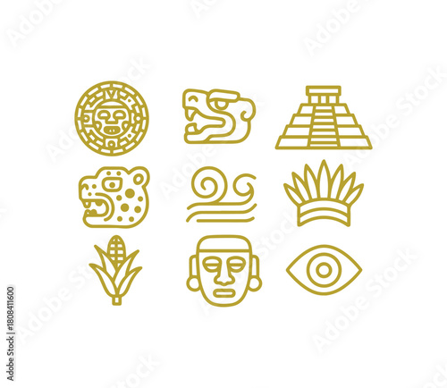 Ancient Mesoamerican Golden Line Art Icon Set Representing Cultural Heritage