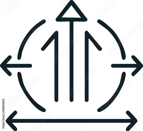 Abstract Circular Arrow Diagram Illustrating Directional Growth and Expansion with Three Arrows Pointing Upwards and Outwards