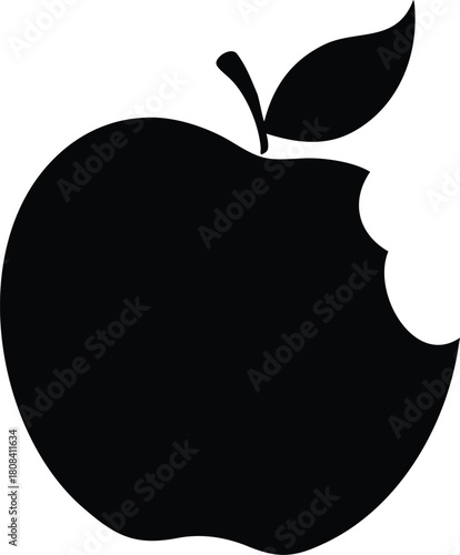 A simple black silhouette depicts an apple with a bite taken from