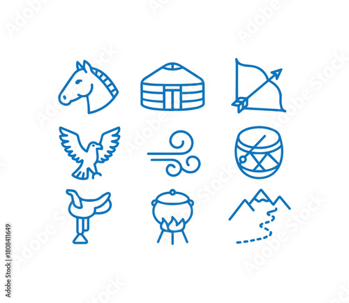 Mongolian Nomadic Lifestyle and Steppe Culture Blue Line Art Icon Collection