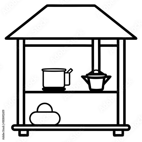 A quaint wooden well house with various items on display