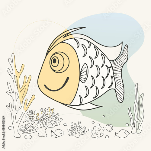 Cartoon fish swimming near coral reef isolated on