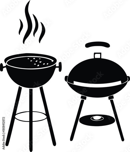 A simple black and white illustration of two outdoor barbecue grills with