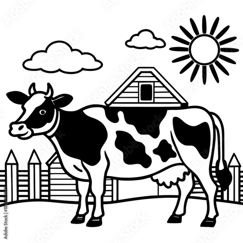 Cow in front of farm with sun isolated on