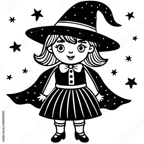 Charming little witch isolated on with stars