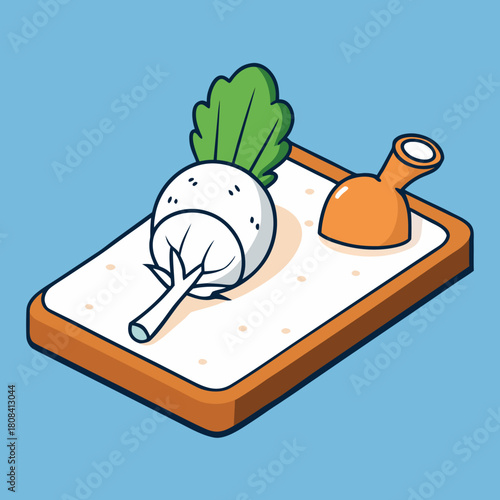 Illustration of a turnip and a bottle on a cutting board