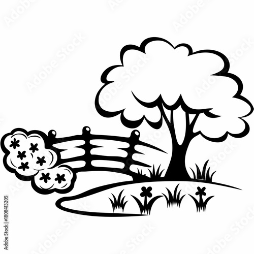 Tree and fence in a field isolated on