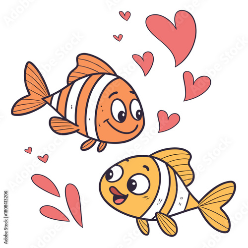 Two adorable clownfish swimming in love isolated on