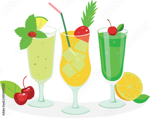 Three colorful tropical cocktails presented with fruit garnishes on a light surface