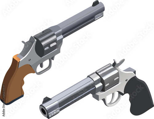 Isometric depiction of two revolvers a silver and a dark gray design