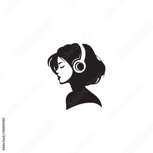 Black Vector Illustration of Woman Wearing Headphone in Clean Minimal Style on White Background