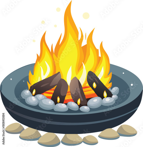 A cartoon illustration depicts a vibrant and lively fire in a firepit