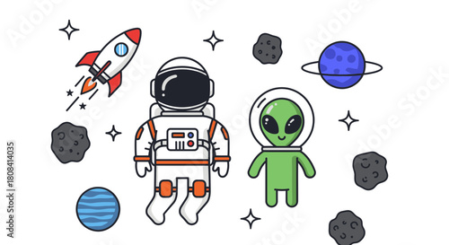 Whimsical space adventure with an astronaut, friendly alien, and rocketship, perfect for children's books and educational materials about exploring the cosmos