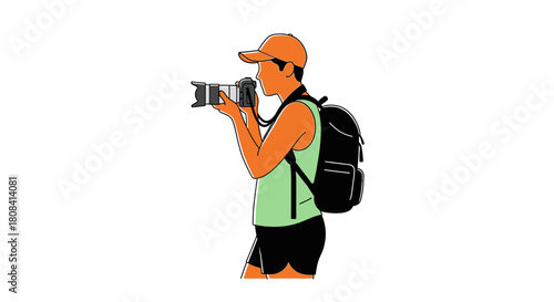 Dynamic outline of a traveler taking photos with camera and backpack, perfect for travel blogs, adventure promotions, or outdoor gear marketing campaigns