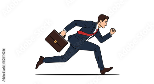 Dynamic businessman sprints with briefcase, embodying urgency and ambition, perfect for illustrating deadlines, success, and corporate drive in modern business.