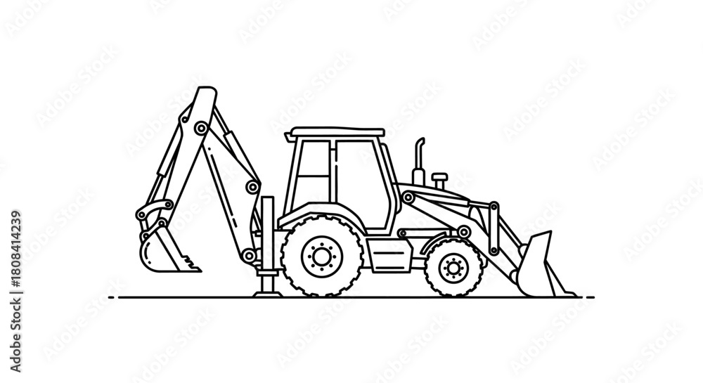Naklejka premium Backhoe in Construction: A detailed black and white illustration of a backhoe, a versatile construction machine, ready for excavation and earthmoving tasks.