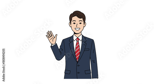 Friendly businessman waving hello, an approachable professional making a welcoming gesture, perfect for business communication and positive client relations visuals
