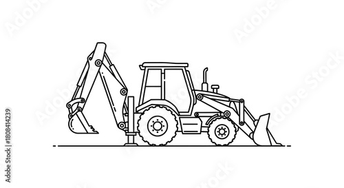 Backhoe in Construction: A detailed black and white illustration of a backhoe, a versatile construction machine, ready for excavation and earthmoving tasks.