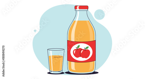A bottle of fresh apple juice with a red label is shown next to a glass of juice against a light blue background.