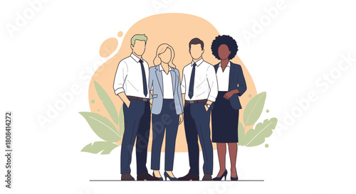 Diverse team in modern office attire presents professional, approachable business leadership, perfect for corporate communications and inclusive company branding