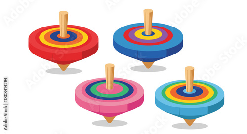 A set of four colorful wooden spinning tops a classic children's toy is illustrated in a simple flat style for play.