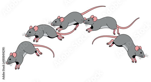 Playful cartoon of scurrying gray mice, whimsical illustration for children's designs, cute rodent characters in motion, perfect for educational materials