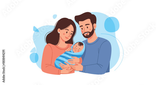 A loving young couple a mother and father are happily holding their newborn baby who is wrapped in a blue striped blanket.