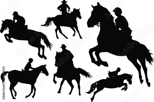 Horse riding silhouettes, equestrian action, black icons, jumping poses, galloping motion, western style, athletic rider, sport activity, dynamic movement, competition