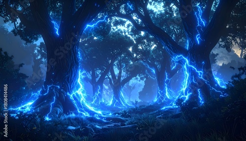 Mystical Forest with Glowing Blue Energy and Ancient Trees.