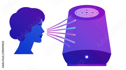 Woman speaking to smart speaker for voice command interaction
