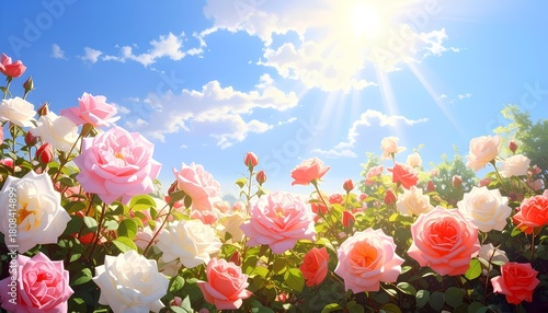 pink roses against blue sky with clouds in sunny day