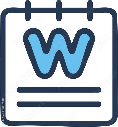 A charming hand-drawn calendar icon featuring a bold blue capital letter W, perfect for symbolizing weekly planning, work schedules, or important tasks and events