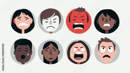 Modern flat vector illustration of multiple round icons showing different human emotions such as joy, anger, sadness, Emotional Expressions Angry, Sad, Frustrated Faces - Vector Illustration