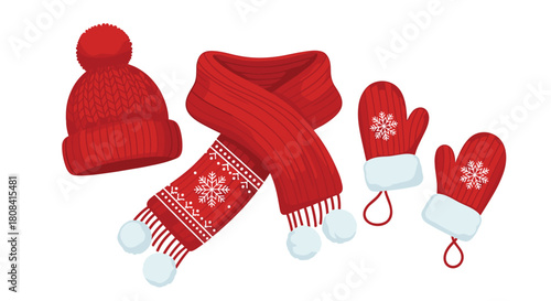 A cozy red winter clothing set with a knitted hat a warm scarf and a pair of mittens decorated with white snowflakes.