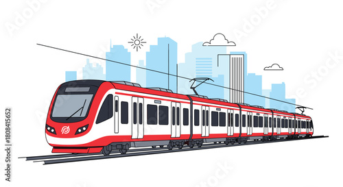 A modern red and white commuter train or metro travels on tracks with a city skyline of skyscrapers in the background.