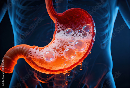 Human stomach with acid reflux or heartburn represented by effervescent bubbles and dripping fluid in medical context
