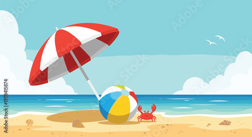 A lovely summer beach scene with a red and white striped umbrella a colorful beach ball and a happy crab on the sand.