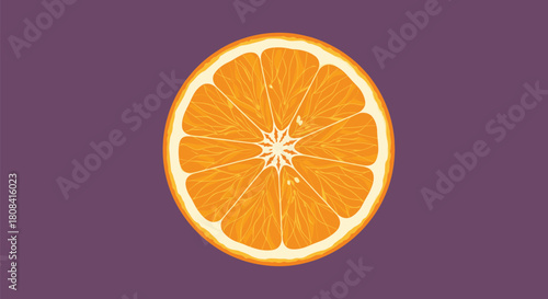 A vibrant and detailed cross-section of a juicy orange slice is displayed against a solid dark purple background for contrast.